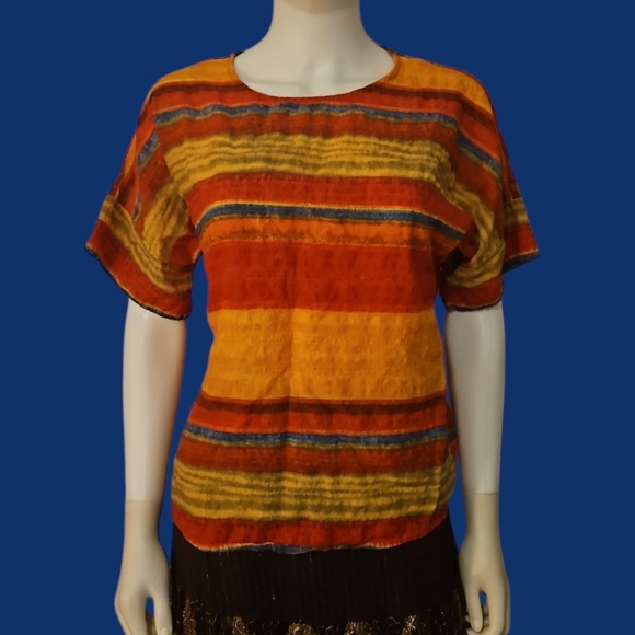 Emory Rose Tops - EMORY ROSE Orange Striped Colorful Rainbow Short Sleeve Top